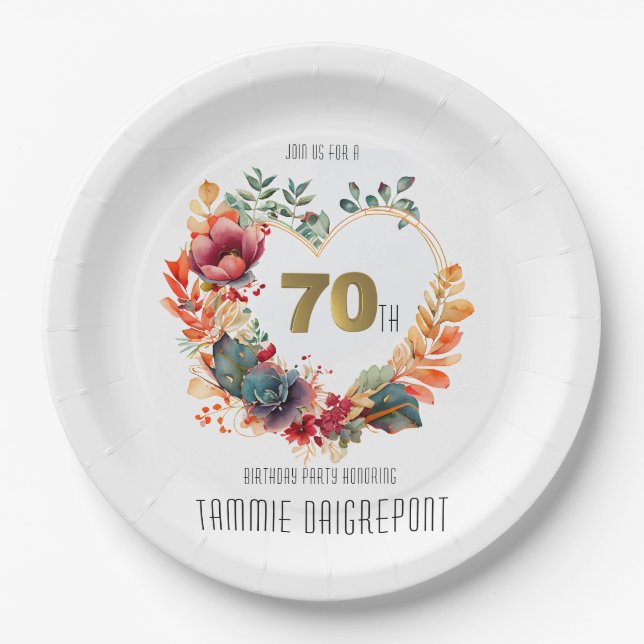 Assiettes En Carton Gold Heart Shape Peony Flower 70th Birthday Party (Devant)