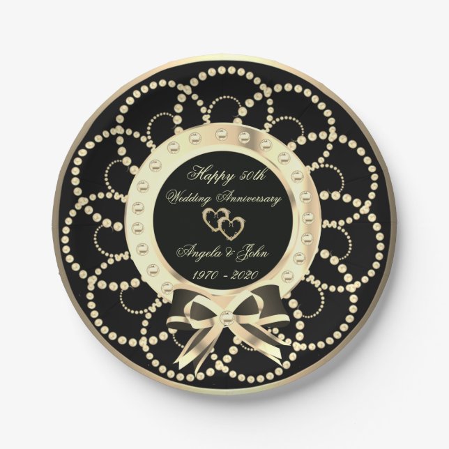 Assiettes En Carton Gold Hearts Pearls 50e anniversaire de Mariage (Devant)