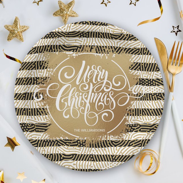 Assiettes En Carton Gold Joyeux Noël noir blanc rayures (Créateur téléchargé)