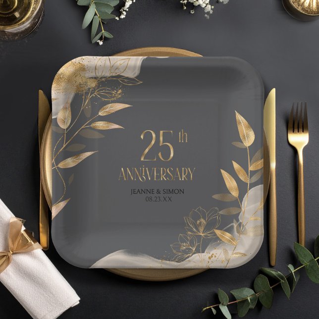 Assiettes En Carton Gold Leaf Floral 25th Anniversary ID1169 (Créateur téléchargé)