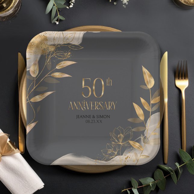 Assiettes En Carton Gold Leaf Floral 50th Anniversary ID1169 (Créateur téléchargé)