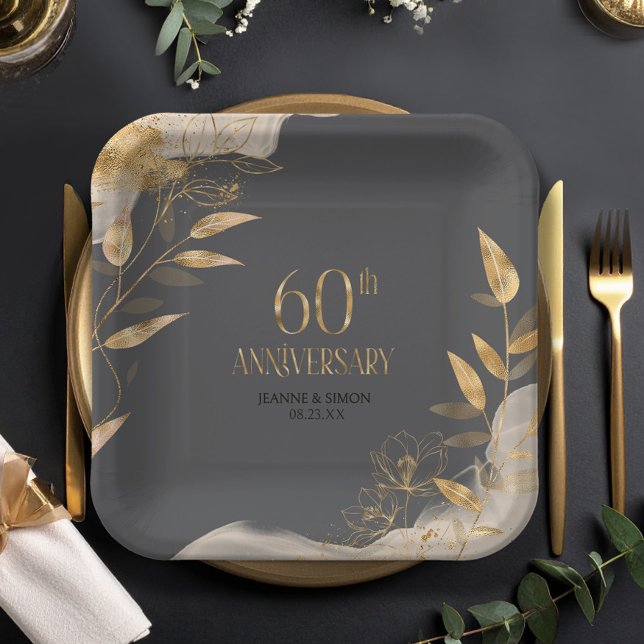 Assiettes En Carton Gold Leaf Floral 60th Anniversary ID1169 (Créateur téléchargé)
