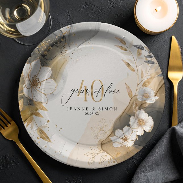 Assiettes En Carton Gold Line Floral 40th Anniversary ID1169 (Créateur téléchargé)