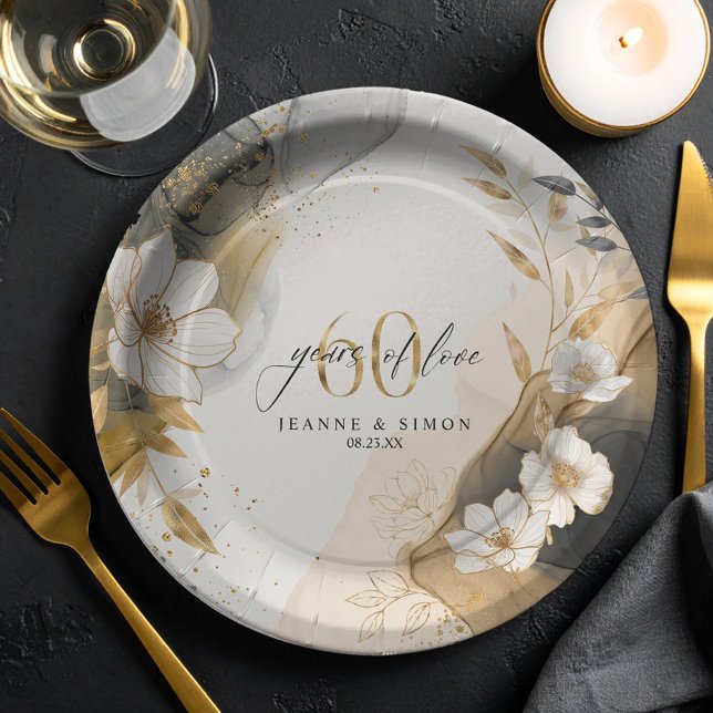 Assiettes En Carton Gold Line Floral 60th Anniversary ID1169 (Créateur téléchargé)