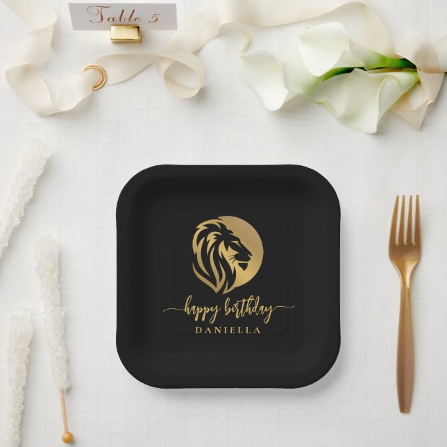 Assiettes En Carton Gold Lion Leo Joyeux Anniversaire avec nom (Mariage)