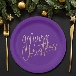 Assiettes En Carton Gold Merry Christmas on Purple