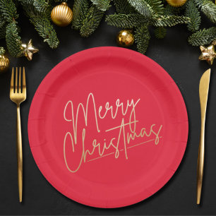 Assiettes En Carton Gold Merry Christmas on Red