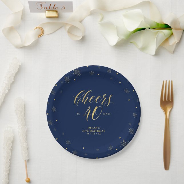 Assiettes En Carton Gold Navy Blue Sparkle encourage la fête du 40e an (Mariage)