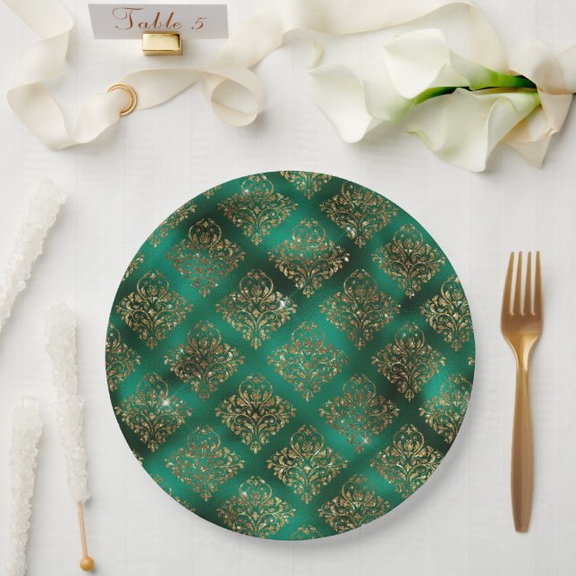 Assiettes En Carton Gold Noël Vacances Metallic Damask Élégant (Mariage)