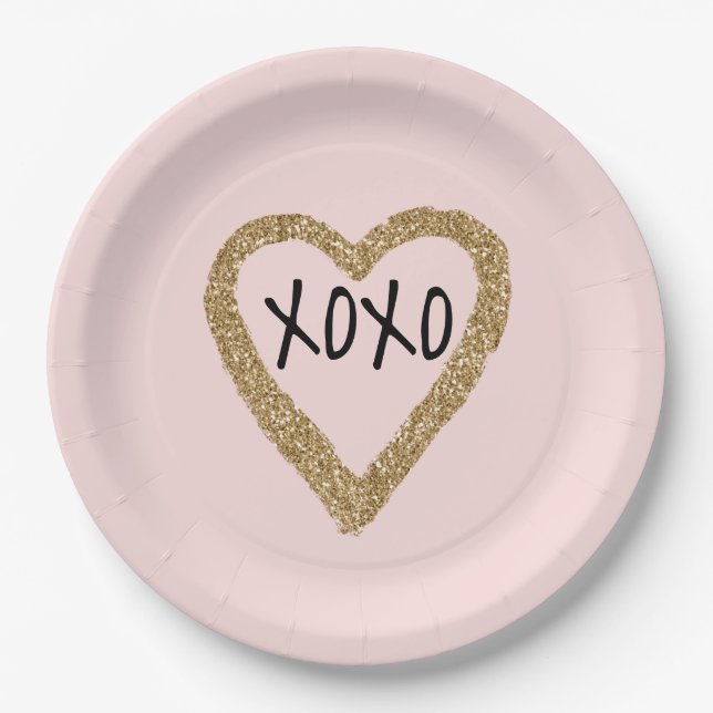 Assiettes En Carton Gold Parties scintillant Heart XOXO (Devant)
