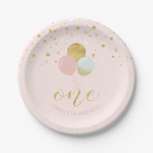 Assiettes En Carton Gold & Pink Confetti, Ballons 1er anniversaire