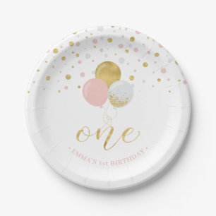 Assiettes En Carton Gold & Pink Confetti, Balloons 1st Birthday Party