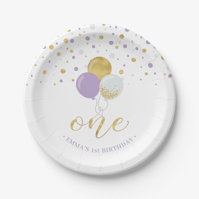 Assiettes En Carton Gold & Purple Confetti Ballons 1er anniversaire (Devant)