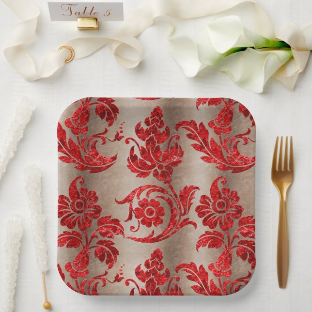Assiettes En Carton Gold Red Damask (Mariage)