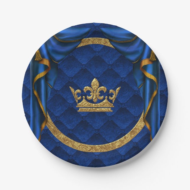 Assiettes En Carton Gold & Royal Blue Crown & Draps Anniversaire (Devant)