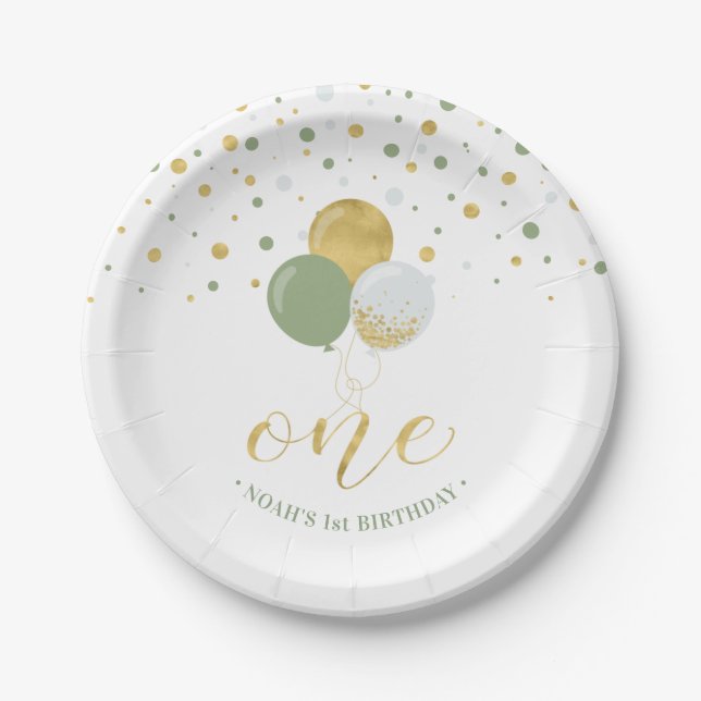 Assiettes En Carton Gold & Sage Confetti Ballons 1er anniversaire (Devant)