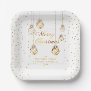 Assiettes En Carton Gold Script Confetti White Family Christmas Balls