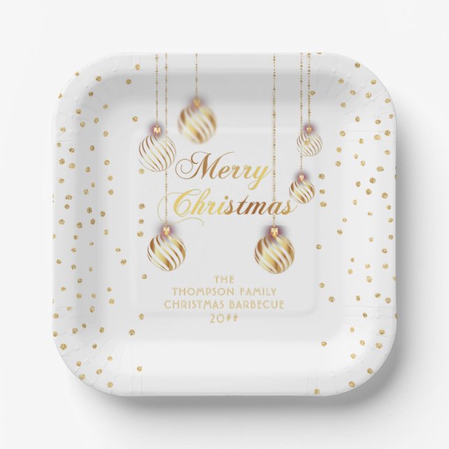 Assiettes En Carton Gold Script Confetti White Family Christmas Balls (Recto)