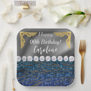 Assiettes En Carton Gold Silver Foil & Dark Blue Zebra Imprimer Annive