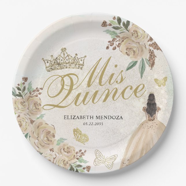 Assiettes En Carton Gold Sparkel Floral Princess Quinceañera Anniversa (Devant)