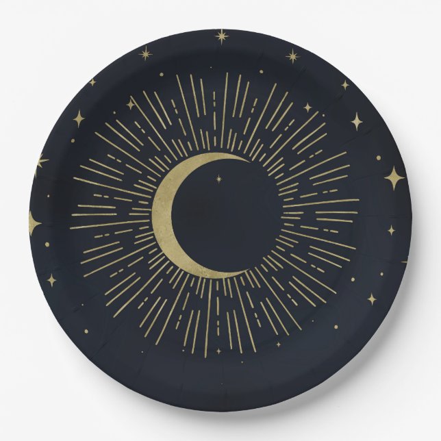 Assiettes En Carton Gold Stars Night Celestial Sunburst Moon Mariage (Devant)