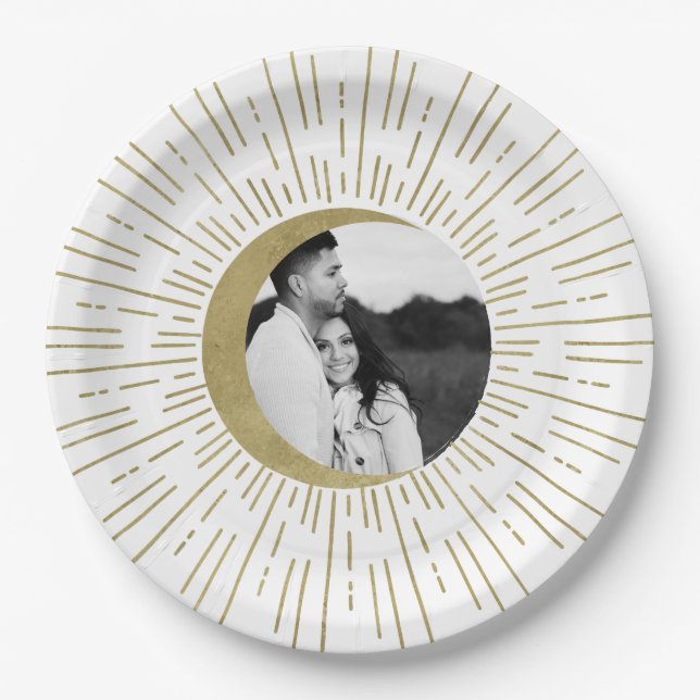 Assiettes En Carton Gold Stars Night Celestial Sunburst Moon Mariage (Devant)