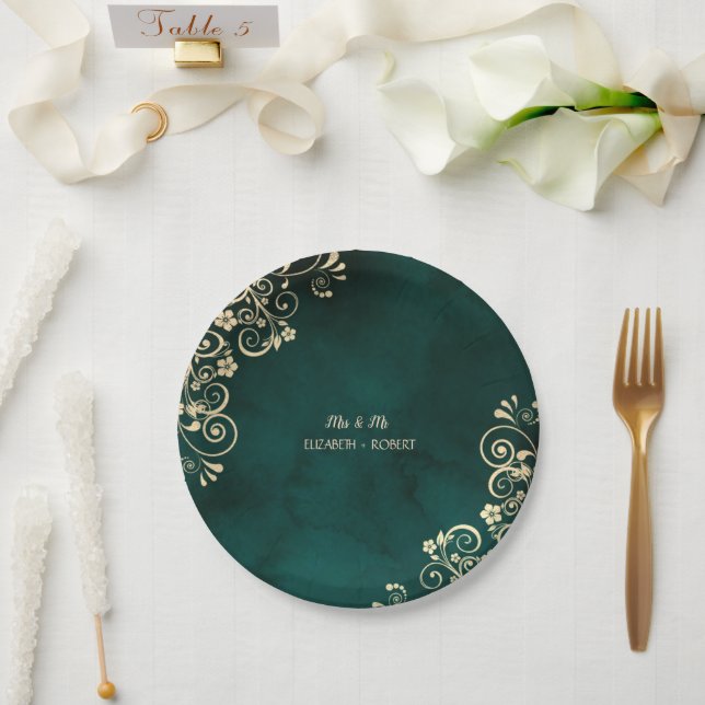 Assiettes En Carton Gold Swirls Emerald Green Wedding  (Mariage)