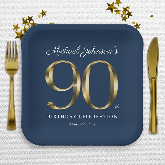 Assiettes En Carton Gold Text Elegant Custom Navy Bleu 90e anniversair (Gold Text Elegant Custom Navy Blue 90th Birthday Paper Plates)