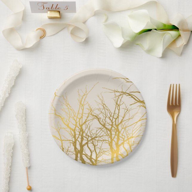 Assiettes En Carton Gold Tree Branches Motif Arrière - plan beige (Mariage)