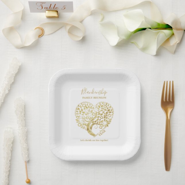 Assiettes En Carton Gold Tree Heart Family Reunion personnalisée (Mariage)