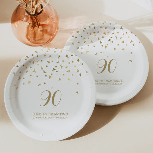Assiettes En Carton Gold Triangles 90e fête d'anniversaire Blanc
