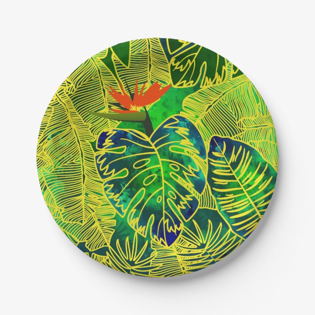 Assiettes En Carton Gold Tropical Jungle Vert Feuille Aquarelle (Devant)
