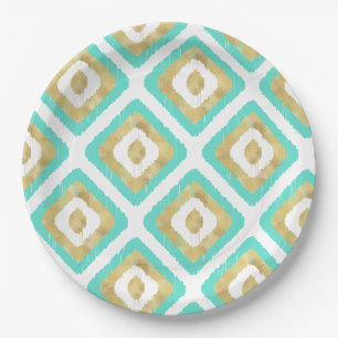 Assiettes En Carton Gold & Turquoise Chic Ikat Motif