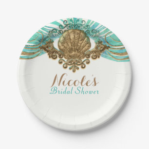 Assiettes En Carton Gold & Turquoise Sea Shell Glam Beach Party Élégan