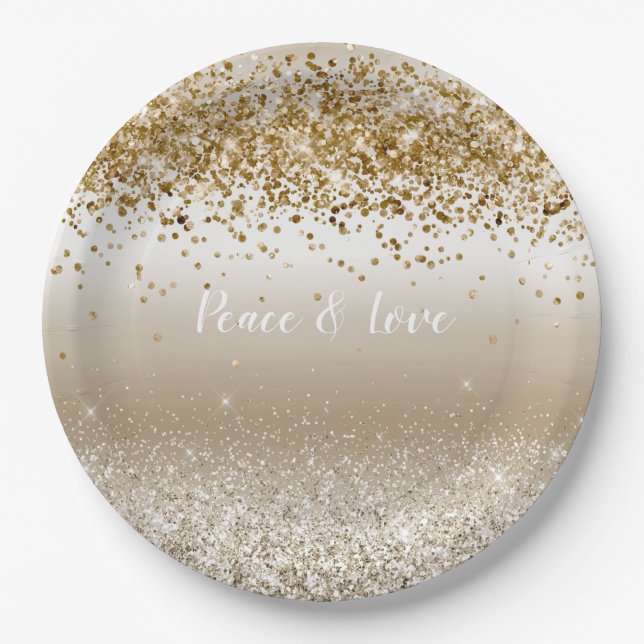 Assiettes En Carton Gold White Sparkle Parties scintillant Paix Amour (Devant)