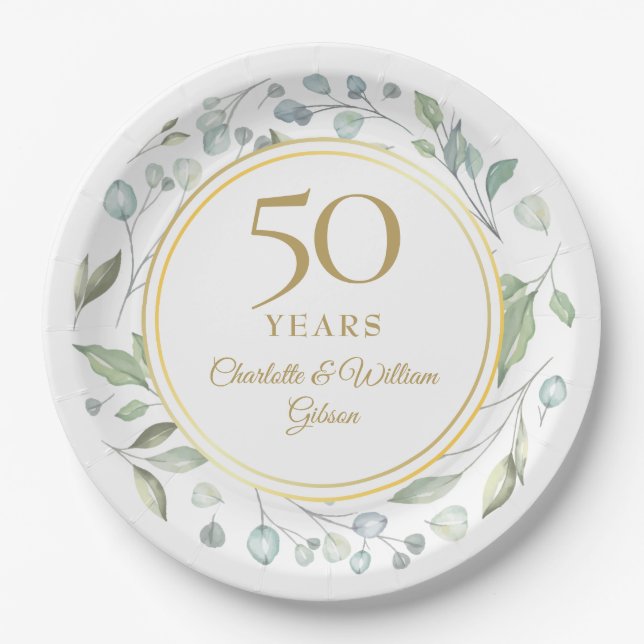 Assiettes En Carton Golden 50 Mariage Anniversaire Laurel Green (Devant)