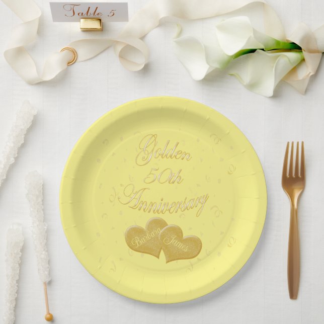 Assiettes En Carton Golden 50th Anniversary Customisé (Mariage)