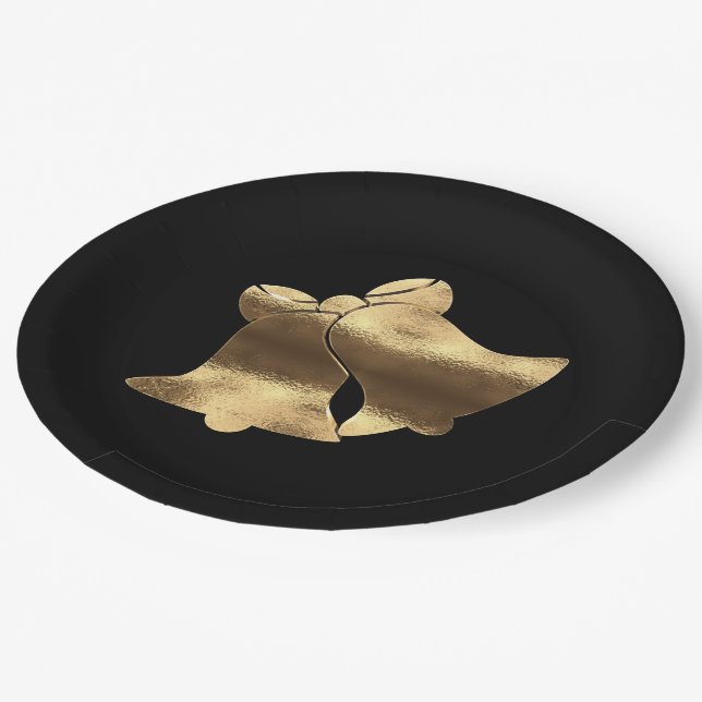 Assiettes En Carton Golden Christmas Bells Black Gold Festive Élégant (Angle)