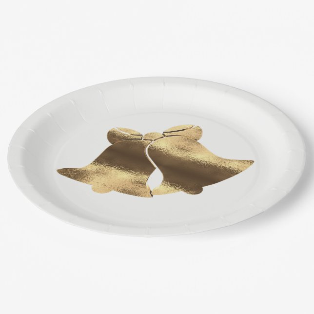 Assiettes En Carton Golden Christmas Bells White Gold Festive Élégant (Angle)