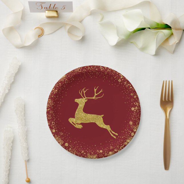 Assiettes En Carton Golden Christmas Deer design élégant (Mariage)
