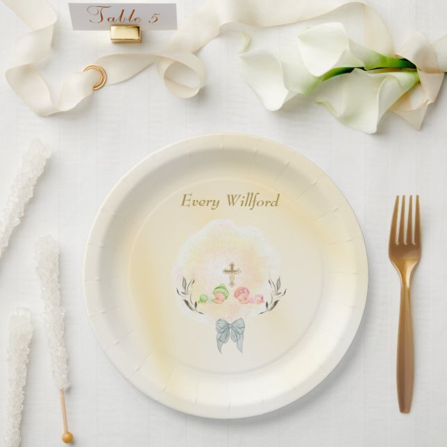 Assiettes En Carton  Golden Cross floral baptism paper plates  (Mariage)