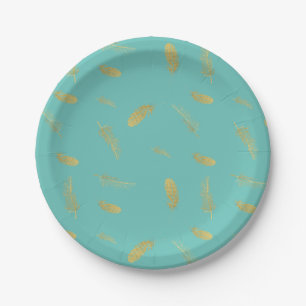 Assiettes En Carton Golden Feathers Aqua