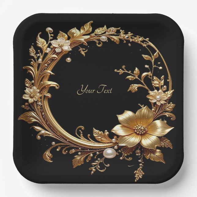 Assiettes En Carton Golden Floral Ornate Frame Paper Plate (Recto)