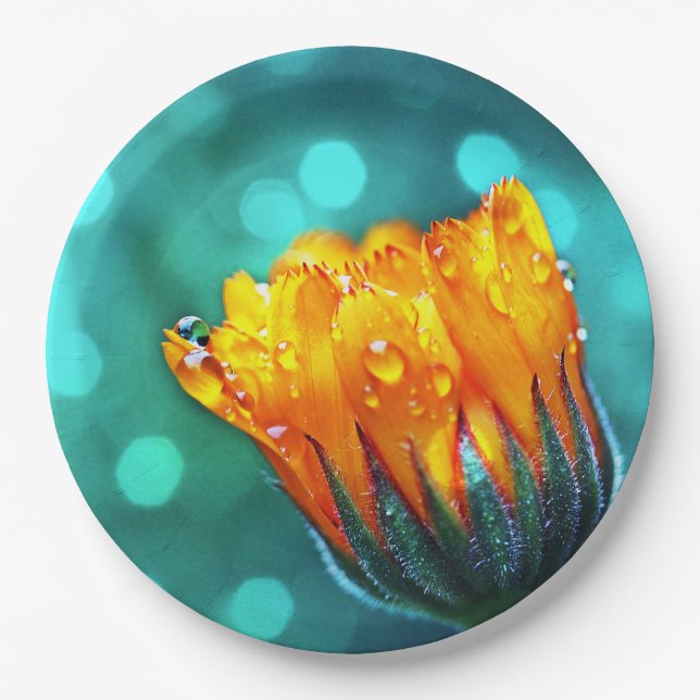 Assiettes En Carton Golden Marigold sur Turquoise Bokeh (Devant)