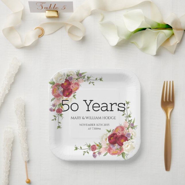 Assiettes En Carton "Golden Memories : Celebrating 50 Years of Love" (Mariage)