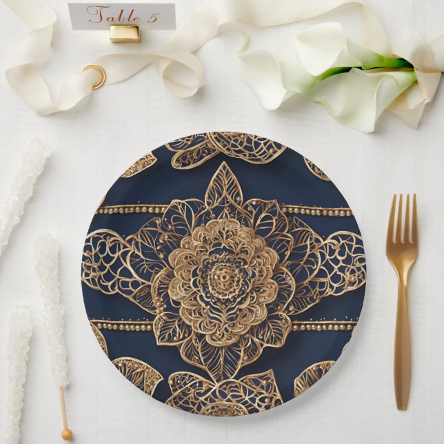 Assiettes En Carton Golden patterns AI art  (Mariage)