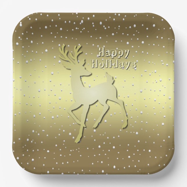 Assiettes En Carton Golden Reindeer Snowy Holiday Paper Plate (Recto)