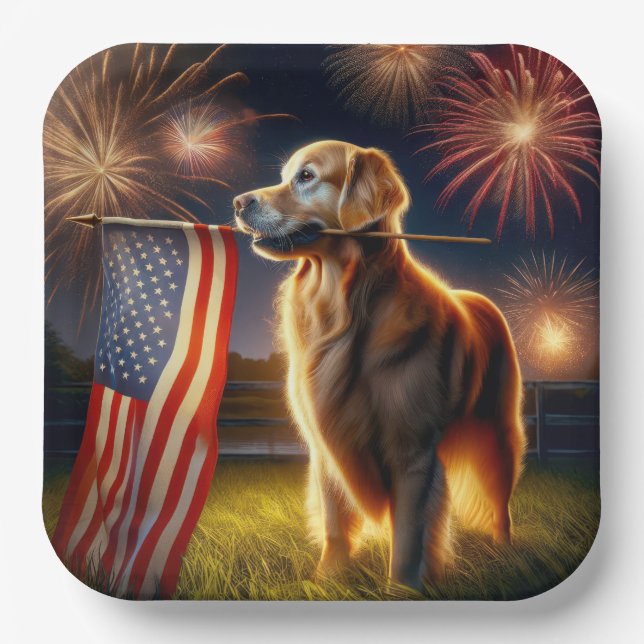 Assiettes En Carton Golden Retriever avec drapeau américain (Recto)