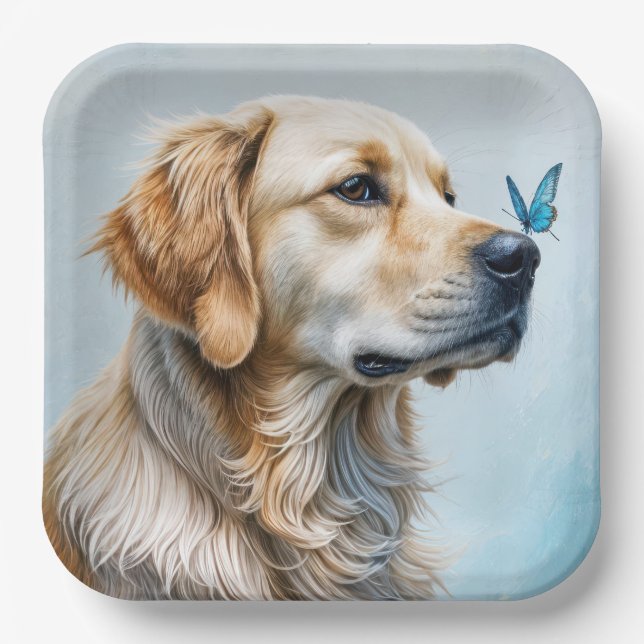 Assiettes En Carton Golden Retriever avec papillon bleu (Recto)
