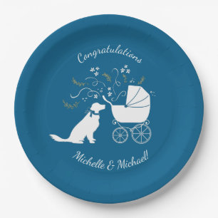 Assiettes En Carton Golden Retriever Baby shower chien bleu garçon